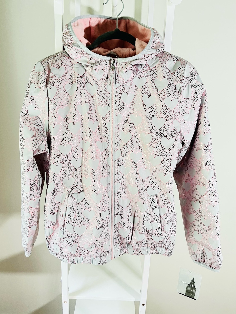 Girls London Fog Pink Heart-Print Hooded Lightweight Puffer Jacket Size 14/16